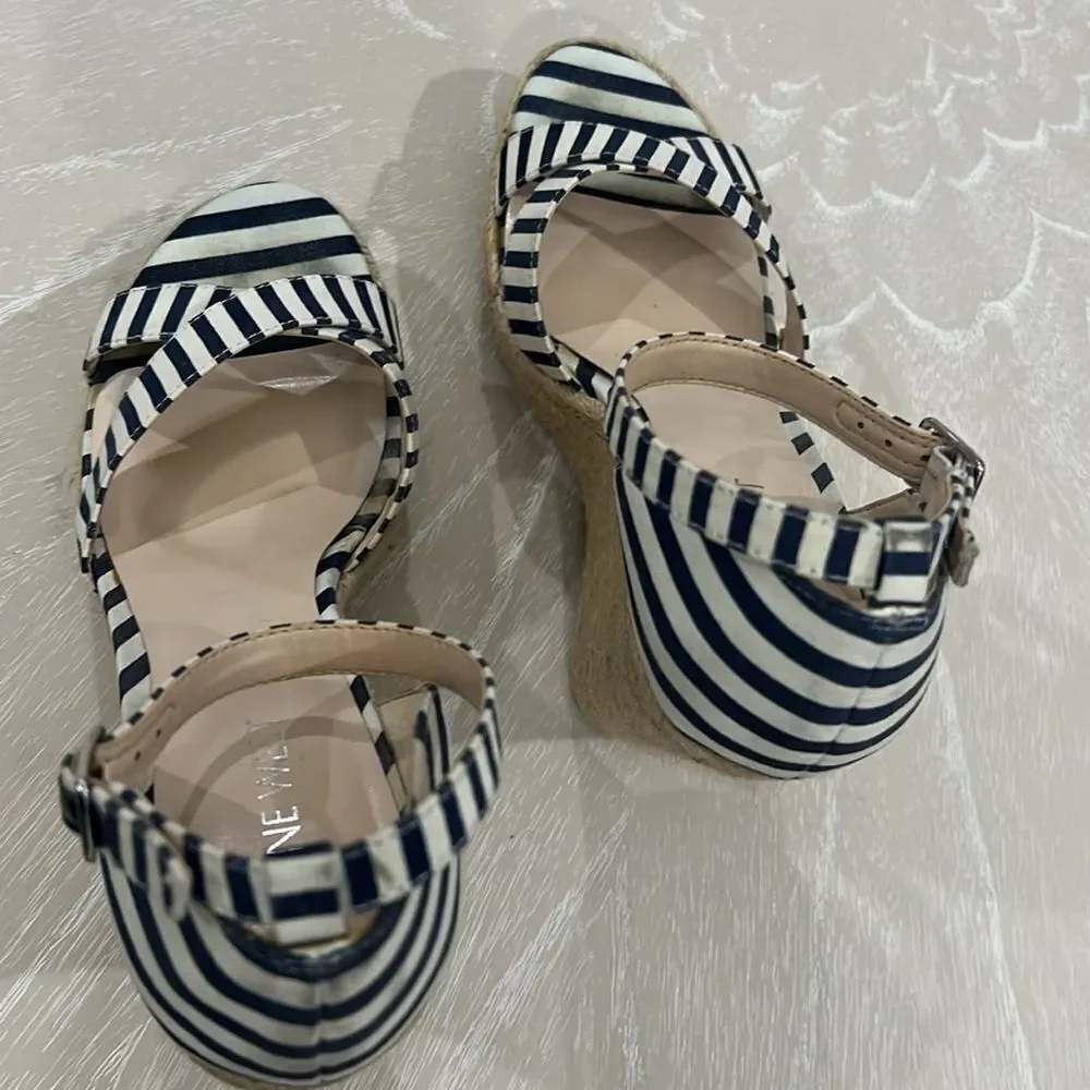 Nine West Blue & White Striped Wedges 7.5